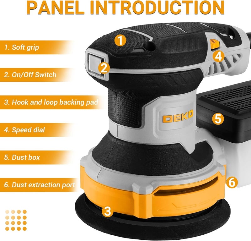 DEKOPRO Orbital Sander Corded Hand Sander: 5" Random Orbital Sander with Dust Box, 6 Various Speeds Electric Palm Sander with Dust Box, 16Pcs Sandpapers for Woodworking & Sanding-Yellow - Image 2
